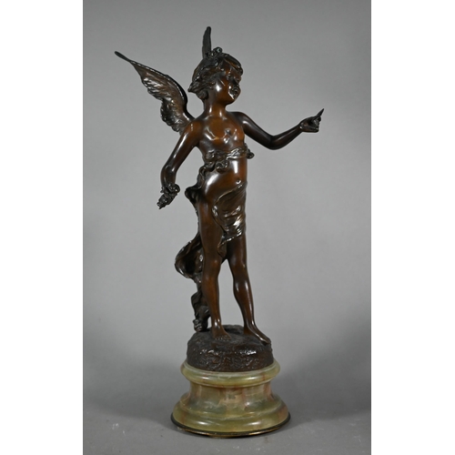 1233 - WITHDRAWN An early 20th century bronze, 'Love Messenger' raised on a green onyx socle base, 44 cm h