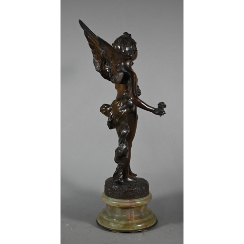 1233 - WITHDRAWN An early 20th century bronze, 'Love Messenger' raised on a green onyx socle base, 44 cm h