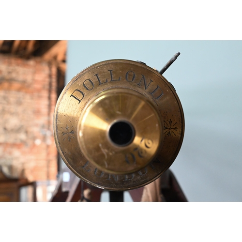 1234 - Dolland, London, a late 19th century brass tube telescope, raised on a folding wooden tripod stand -... 