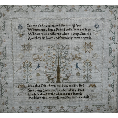 1148 - A Regency period needlework sampler, worked with animals and birds, within spiritual verses, Ann Joh... 