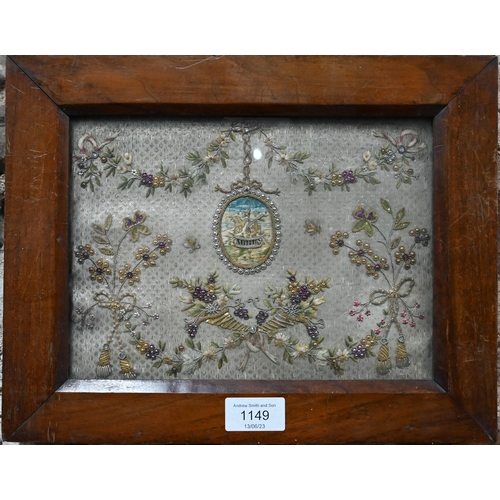 1149 - A pair of early 19th century embroidered panels, worked with central oval medallions depicting doves... 