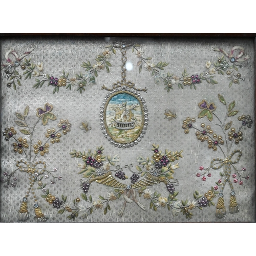 1149 - A pair of early 19th century embroidered panels, worked with central oval medallions depicting doves... 