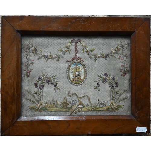 1149 - A pair of early 19th century embroidered panels, worked with central oval medallions depicting doves... 