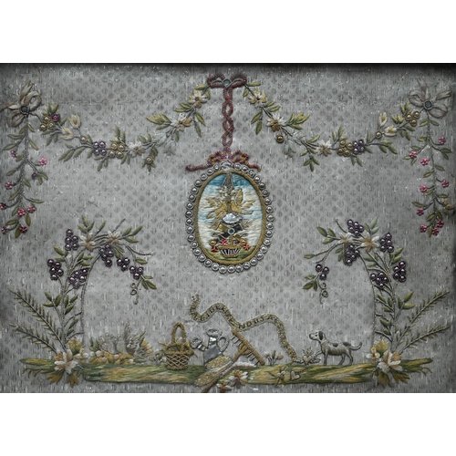 1149 - A pair of early 19th century embroidered panels, worked with central oval medallions depicting doves... 