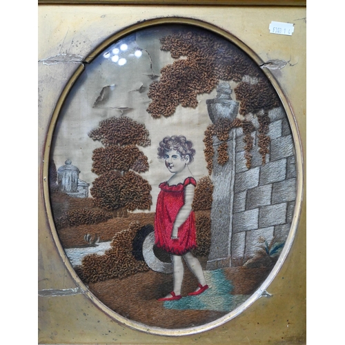 1172 - A pair of Georgian oval silk, wool and watercolour pictures of young children in elegant garden sett... 