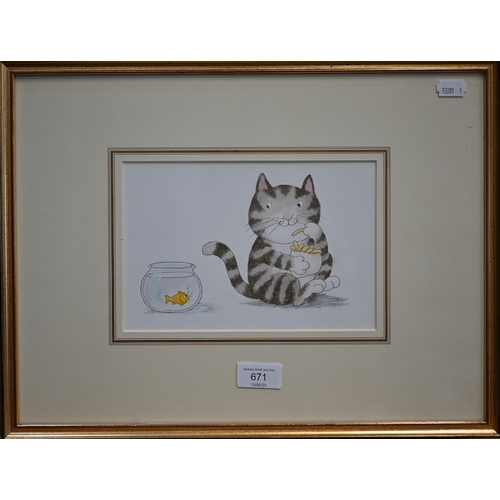671 - Nick Butterworth (b 1946) - 'Cats fish and chips', watercolour, ink and pencil, 14 x 21.5 cmProv - C... 