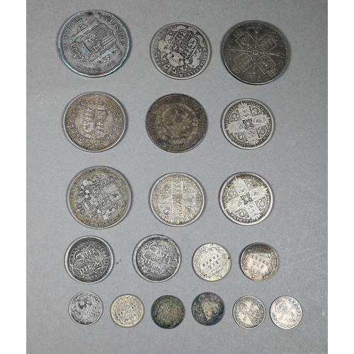 1029 - A selection of Georgian and later silver coins, to/w an 1898 Spanish five pesetas, a Nepalese Mohar,... 