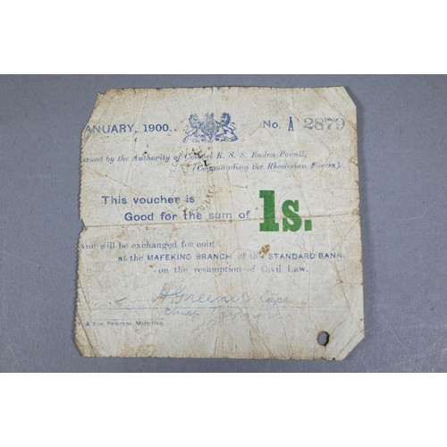 1037 - A Mafeking one shilling note no. 2879 issued January 1900, in worn condition