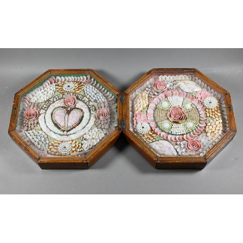 1093 - A 19th century shell-work sailor's Valentine, the two hinged octagonal glazed frames worked with a '... 