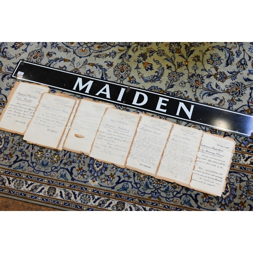 1103 - Railwayana - a vintage enamel station sign 'Maiden' (Newton Abbott), 15 x 153 cm to/w seven manuscri... 