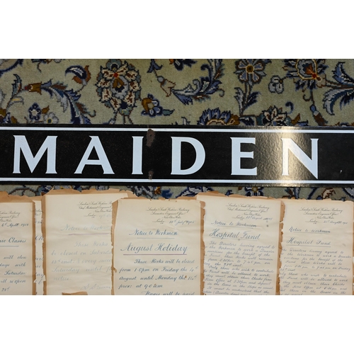 1103 - Railwayana - a vintage enamel station sign 'Maiden' (Newton Abbott), 15 x 153 cm to/w seven manuscri... 