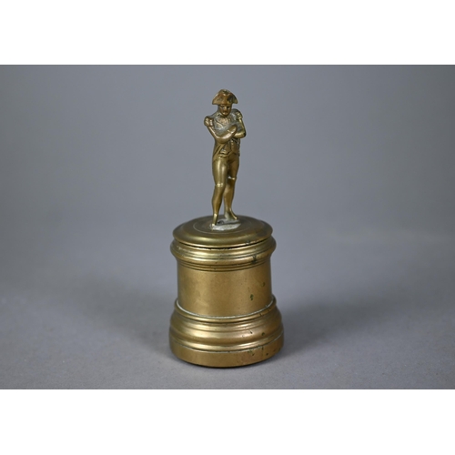 1157 - A 19th century miniature bronze figure of Napoleon Bonaparte, raised on a turned gun barrel style ba... 