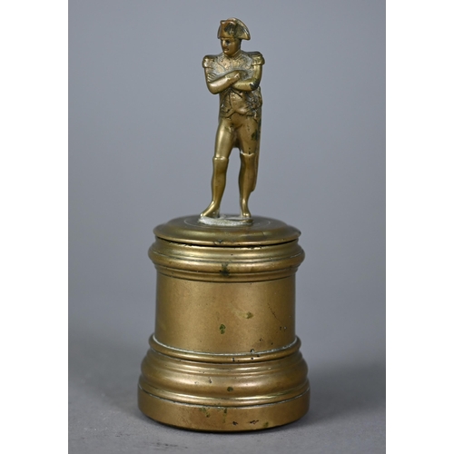 1157 - A 19th century miniature bronze figure of Napoleon Bonaparte, raised on a turned gun barrel style ba... 