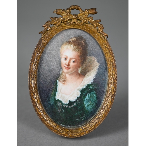 1158 - An early 20th century oval portrait miniature on ivory of a young lady in 17th century costume, sign... 