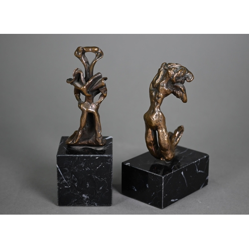 1168 - Two small bronze figures in the Surrealist manner, numbered 792/1156, on marble plinths, 15/18 cm hi... 