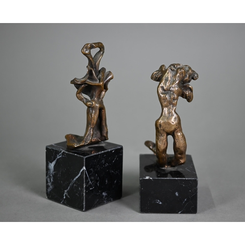 1168 - Two small bronze figures in the Surrealist manner, numbered 792/1156, on marble plinths, 15/18 cm hi... 