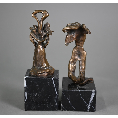 1168 - Two small bronze figures in the Surrealist manner, numbered 792/1156, on marble plinths, 15/18 cm hi... 