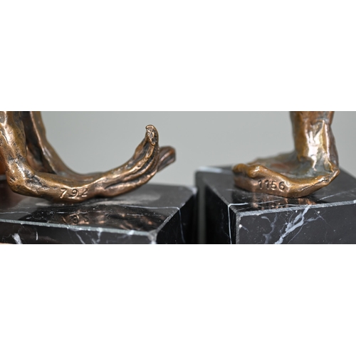 1168 - Two small bronze figures in the Surrealist manner, numbered 792/1156, on marble plinths, 15/18 cm hi... 