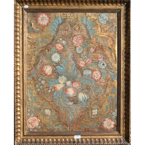 1171 - A fragment of leather wallpaper (probably 17th century), painted with fruit and flowers on a gilt gr... 