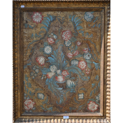 1171 - A fragment of leather wallpaper (probably 17th century), painted with fruit and flowers on a gilt gr... 