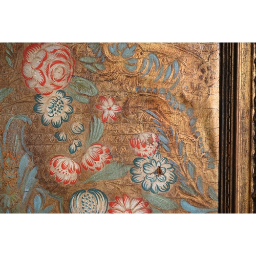 1171 - A fragment of leather wallpaper (probably 17th century), painted with fruit and flowers on a gilt gr... 