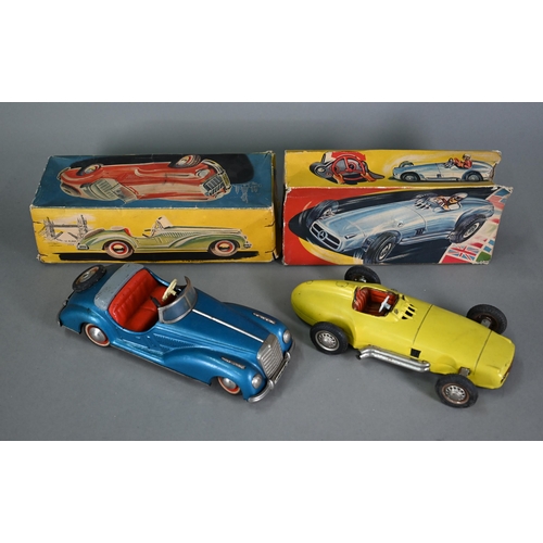 1183 - Two boxed Distler German tinplate clockwork models - Mercedes racing car and open sports car - both ... 