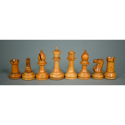 1222 - A late 19th century part Jacques Staunton pattern Chess set, box wood and ebonised boxwood, with wei... 