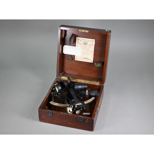 1223 - A Henry Hughes & Son 'Husun' lacquered brass sextant with silvered scale and two scopes, boxed w... 