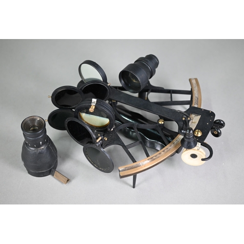 1223 - A Henry Hughes & Son 'Husun' lacquered brass sextant with silvered scale and two scopes, boxed w... 