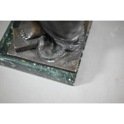 1232 - A classical brown bronze sculpture of a woman against a ruin fragment, on marble base, 31 cm h to/wi... 