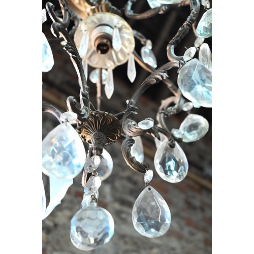 947 - A gilt metal framed large crystal hung single light fitting, with ceiling fitting, approx. 60 cm x 3... 