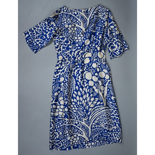 1126 - Hardy Amies - A vintage two-piece in blue and cream silk, comprising dress of plain form with matchi... 