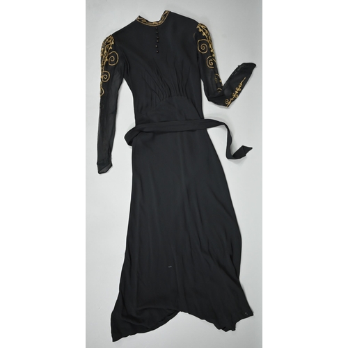 1128 - A vintage black evening gown with long voile sleeves with gold thread embroidery to/w an Edwardian w... 