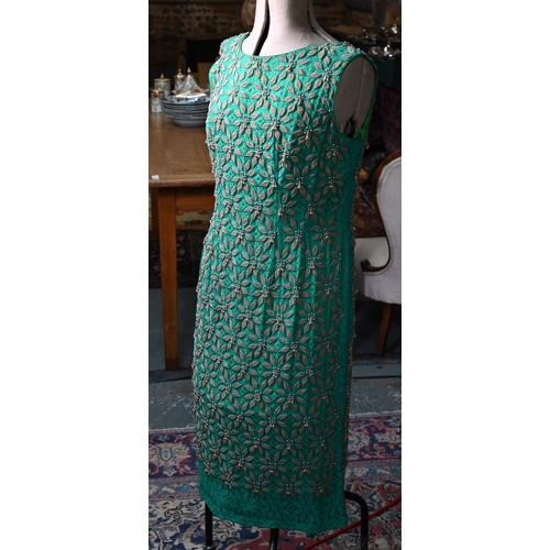 1137 - A vintage emerald green silk overlaid with lace shift dress, heavily embellished overall with gold c... 