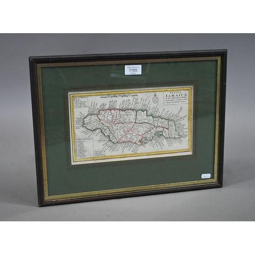 1155 - An 18th century map engraving of Jamaica 'Insula Jamaica in suas Parochias divisa', 15.5 x 28 cm, mo... 