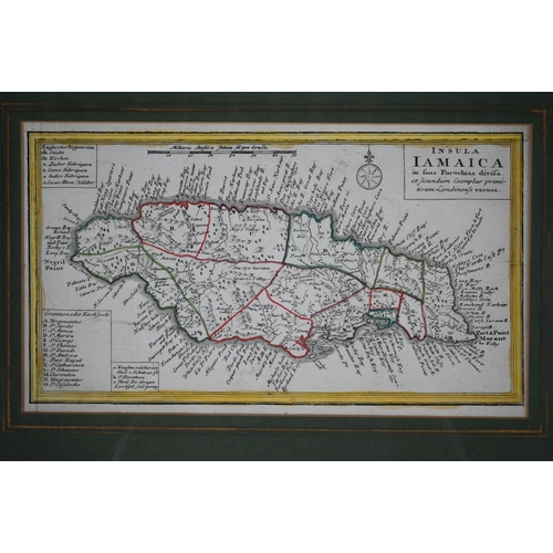 1155 - An 18th century map engraving of Jamaica 'Insula Jamaica in suas Parochias divisa', 15.5 x 28 cm, mo... 