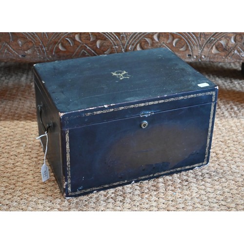 531 - An early 19th century Chinese black lacquer rectangular tea chest with brass handles, the hinged cov... 