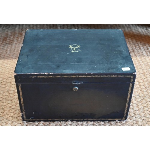 531 - An early 19th century Chinese black lacquer rectangular tea chest with brass handles, the hinged cov... 