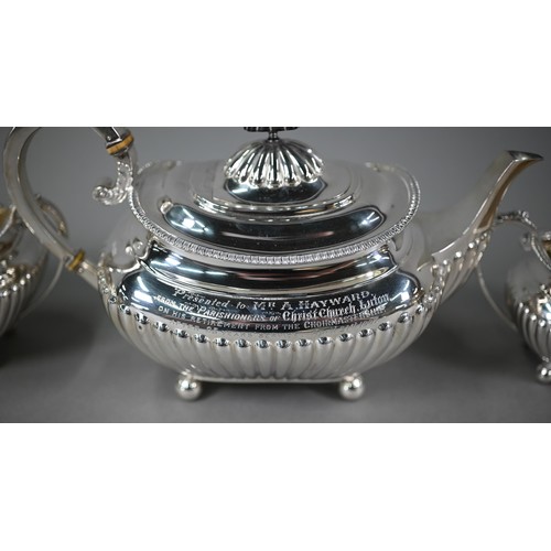 89 - A heavy quality Edwardian Regency Revival three-piece tea service of oblong half-reeded and compress... 