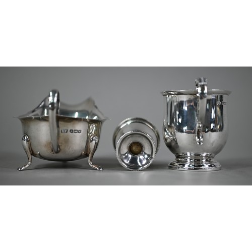 159 - A silver sauce-boat, Viners, Sheffield 1939, to/w Christening mug, Birmingham 1954 and an egg-cup, L... 