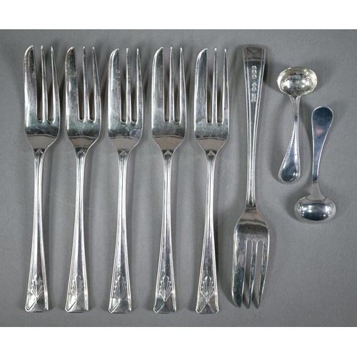 158 - A cased set of six silver pastry forks with Art Deco finials, Bennett & Heron, Sheffield 1946, t... 