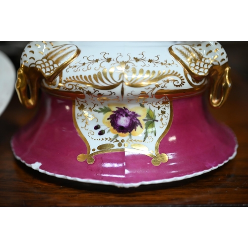 618 - Two 19th century china sauce tureens and covers of similar design, with eagle finials and swan feet,... 