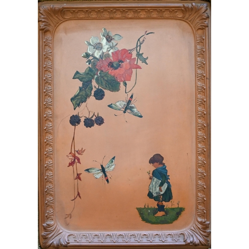 129 - An antique rectangular terracotta tile or wall plaque, hand painted with floral sprays, mayflies and... 