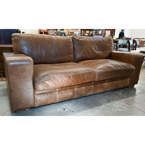 326 - Indigo Furniture - The Mighty Grand tan leather broad arm sofa (removable box arms for transport/del... 