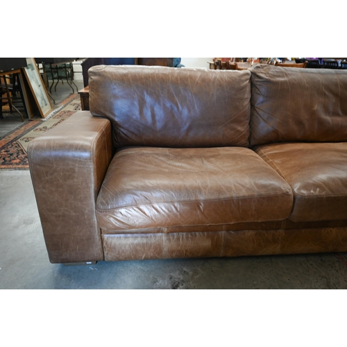 326 - Indigo Furniture - The Mighty Grand tan leather broad arm sofa (removable box arms for transport/del... 