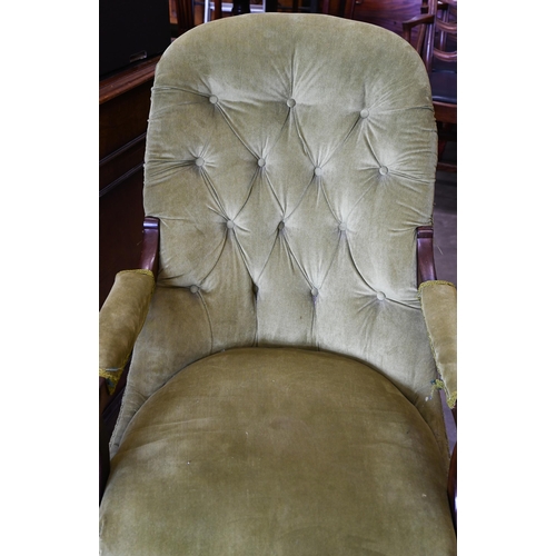 392 - # Victorian rosewood framed open armchair, green button back corduroy upholstery