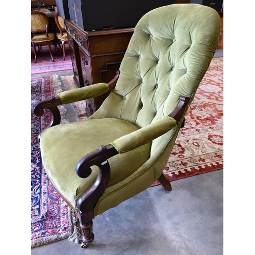 392 - # Victorian rosewood framed open armchair, green button back corduroy upholstery