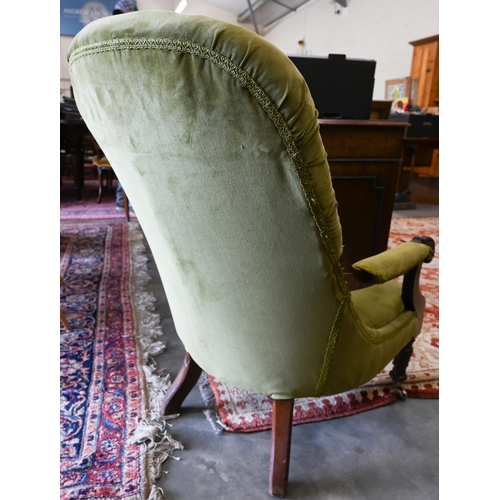 392 - # Victorian rosewood framed open armchair, green button back corduroy upholstery