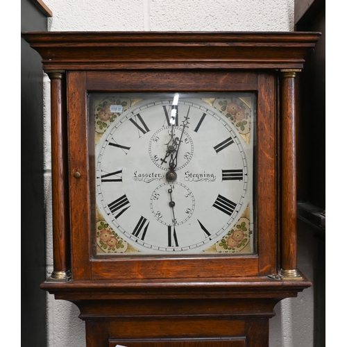 393 - An early 19th century oak cottage longcase clock (locked) painted dial signed 'Lasseter' with subsid... 