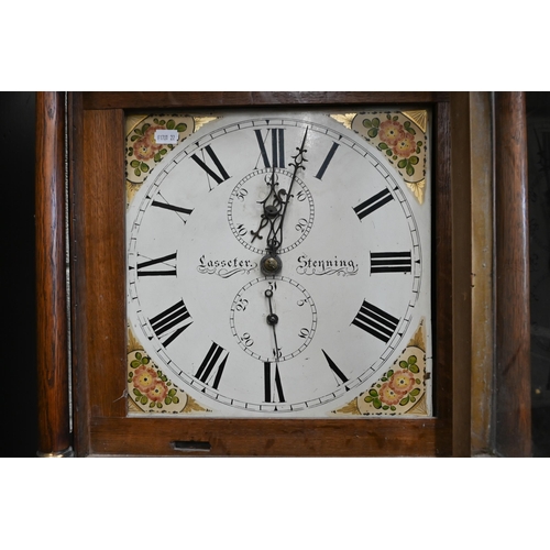 393 - An early 19th century oak cottage longcase clock (locked) painted dial signed 'Lasseter' with subsid... 